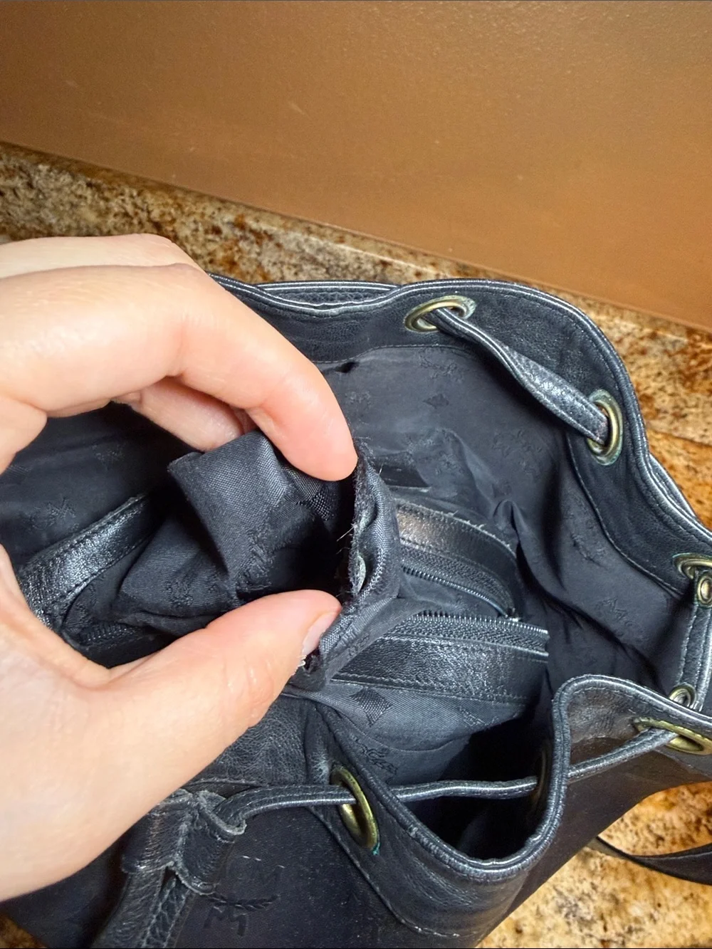 MCM Black Monogram Drawstring Bucket Hobo with Gold Plate